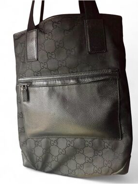 Authentic Gucci GG Canvas Tall Tote Bag Black Monogram 180450 Zip Pocket Vintage